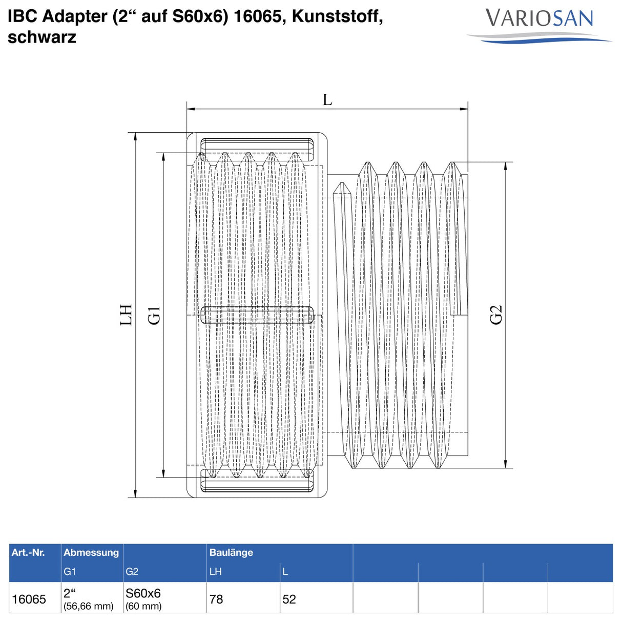 IBC Adapter (2" auf S60x6) Feingewinde auf Grobgewinde, Kunststoff, schwarz