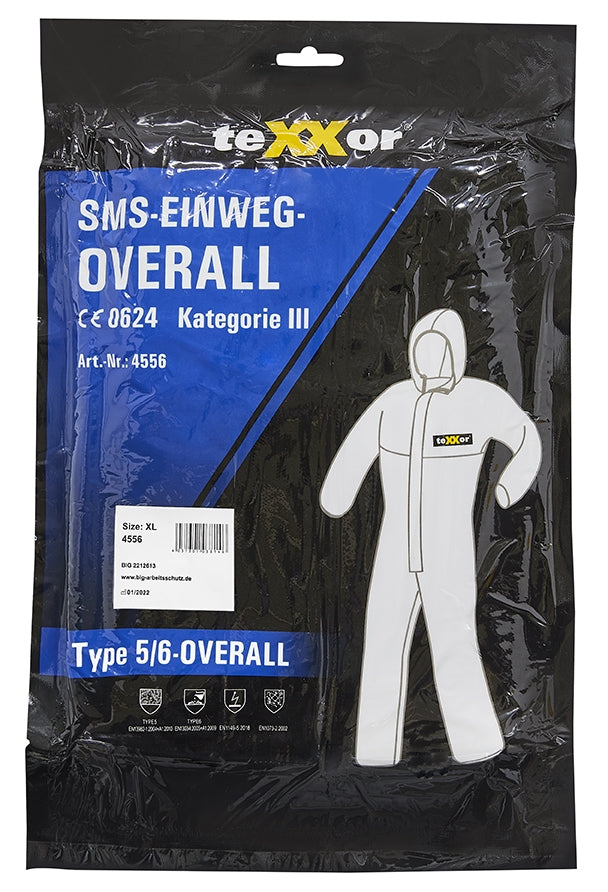 teXXor® SMS-Einweg-Overall Typ 5/6 Kategorie III, EN 13982-1, EN 13034
