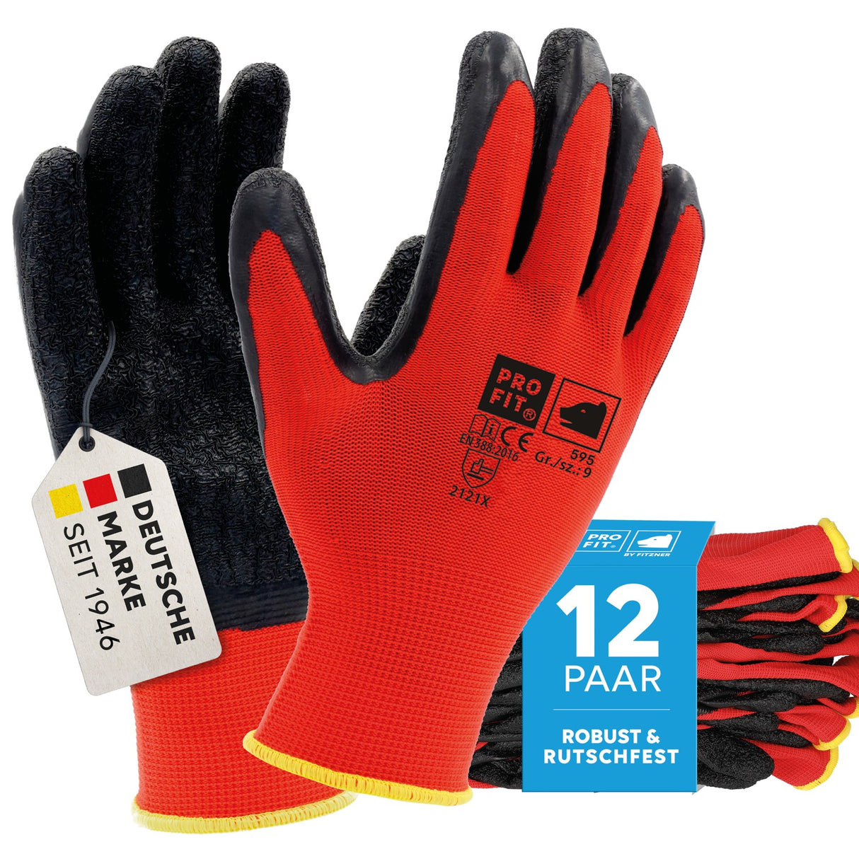 Pro-Fit® Latex Handschuh, "Super", rot/schwarz, Strickbund