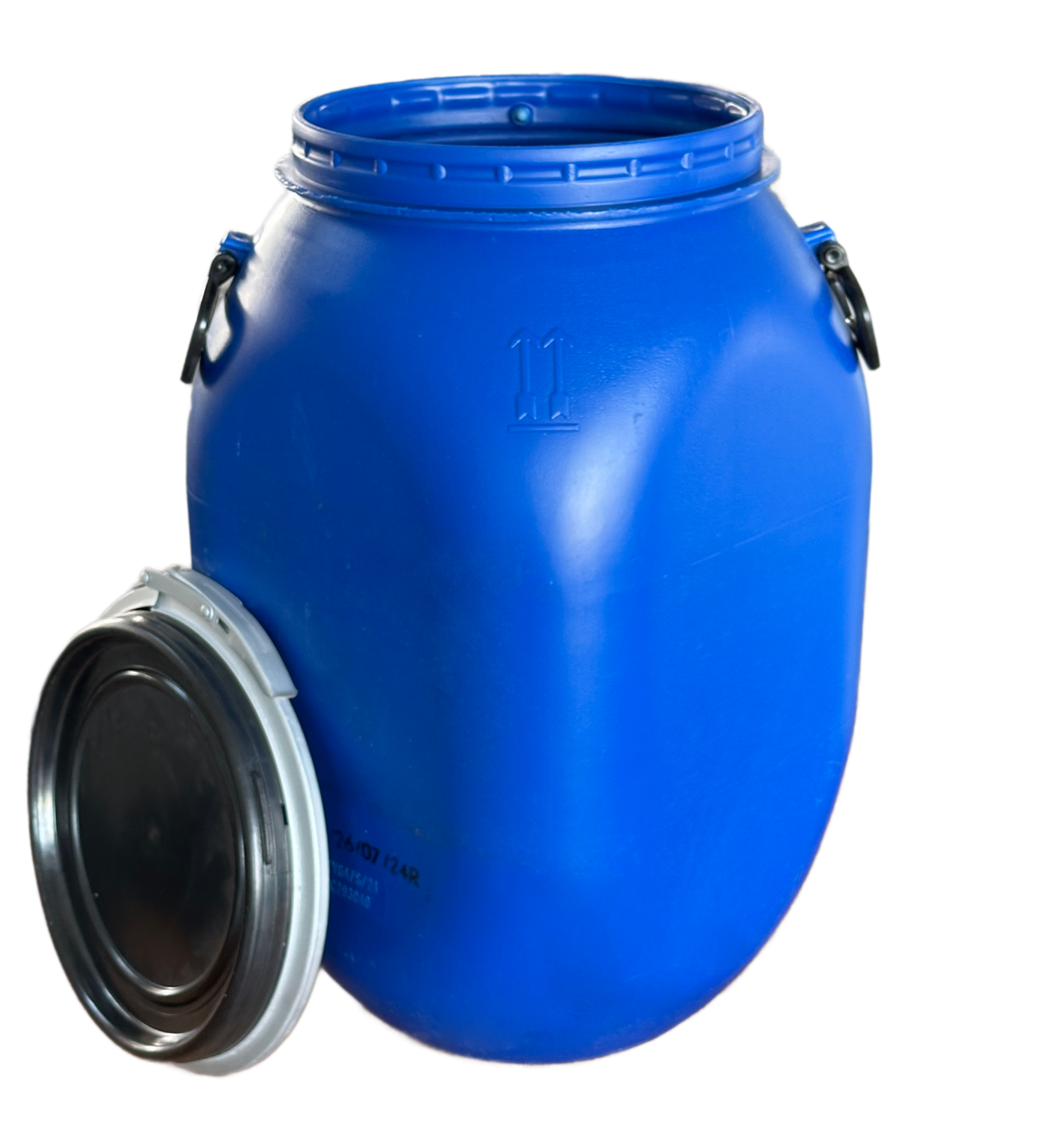 60 L Weithalsfass / Kunststoffdeckelfass, gebraucht gereinigt, eckig, blau, ohne UN