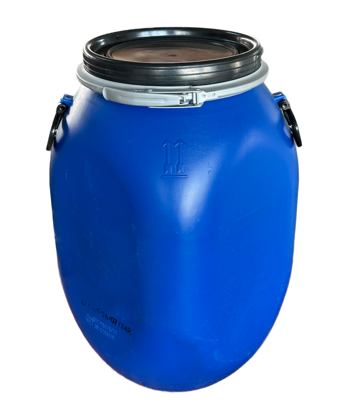 60 L Weithalsfass / Kunststoffdeckelfass, gebraucht gereinigt, eckig, blau, ohne UN