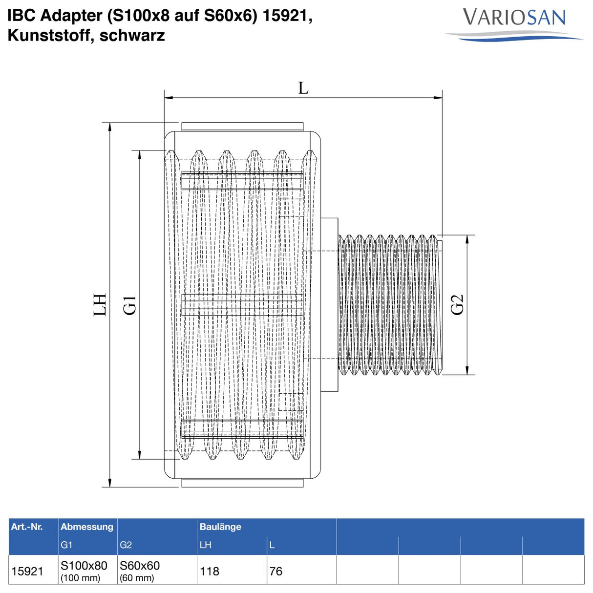 IBC Adapter (S100x8 auf S60x6), Kunststoff, schwarz