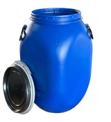 60 L Weithalsfass / Kunststoffdeckelfass, gebraucht gereinigt, eckig, blau, ohne UN